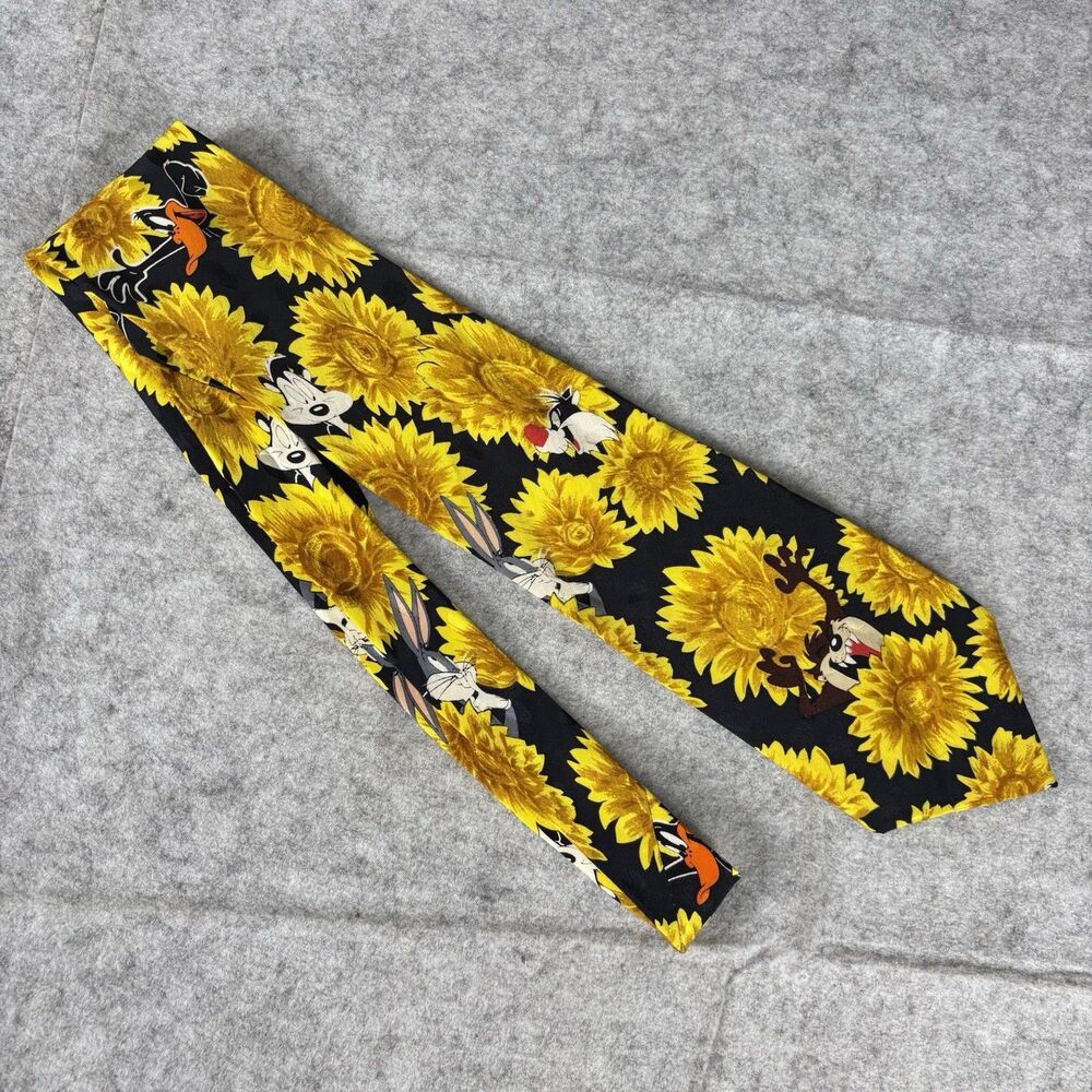 Vintage 1994 Looney Tunes Mania Sunflower Silk Tie Bugs Taz Daffy Korea